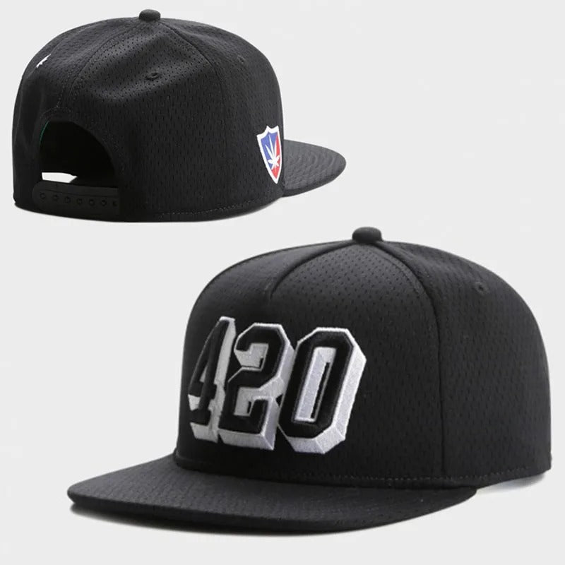420 White emblem - Snapback / Flat Peak Hat / CapJustSmoke.Me