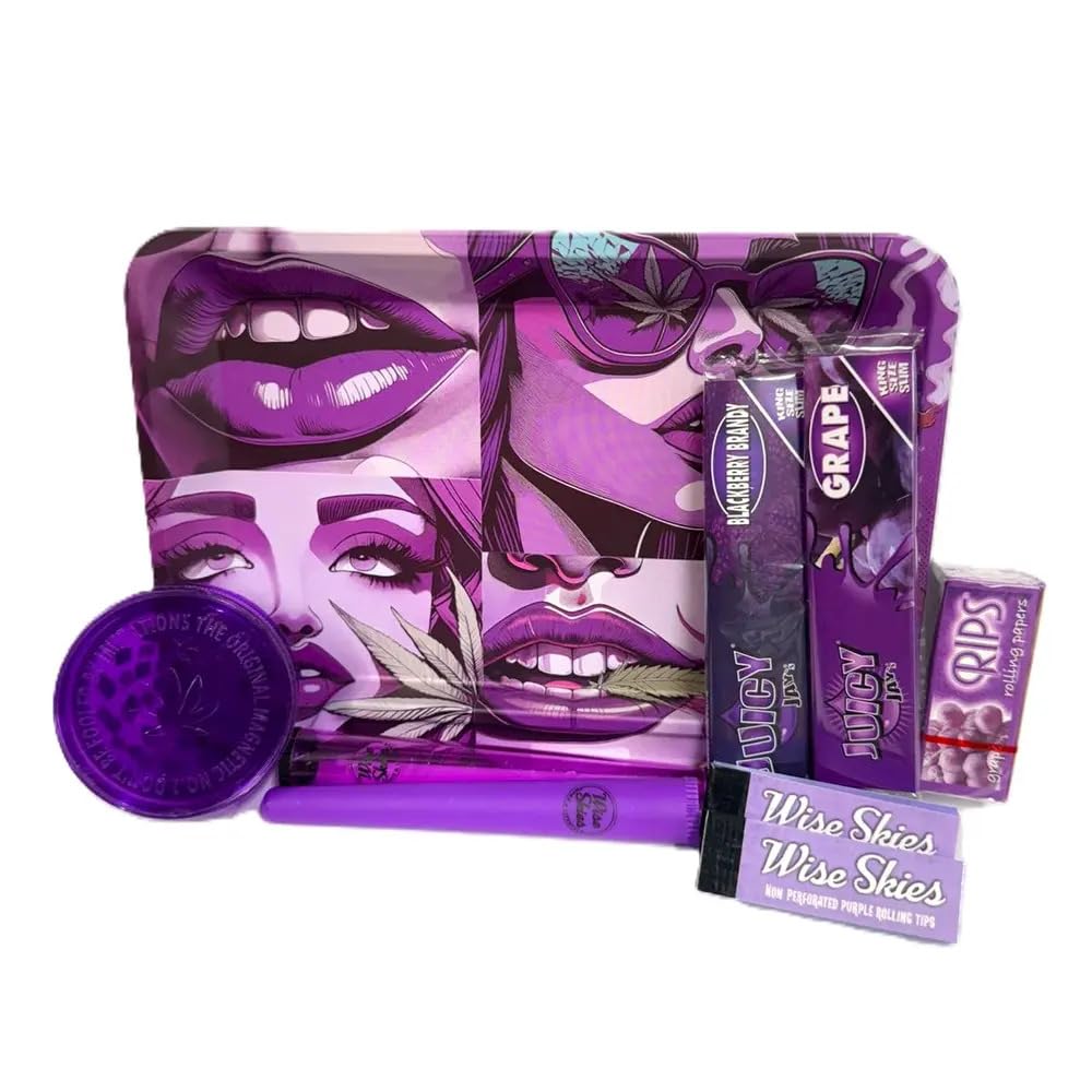 Wise Skies Purple Buzz Rolling Tray Set – Papers, Tips, Crusher & Cone Holders