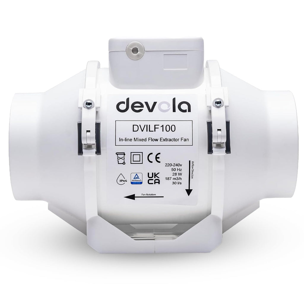 Devola 100mm Inline Mixed Flow Extractor Fan – 187m³/h – IPX4 – Made in Britain