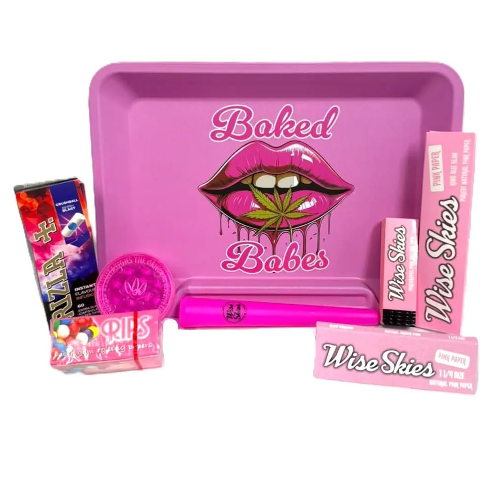 Wise Skies Baked Babes Pink Rolling Tray Set – Double-Sided Tray, Papers, Tips, Holder & Crusher