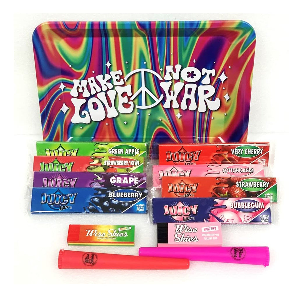 Wise Skies Make Love Not War Rainbow Rolling Tray Set – Coloured Juicy Papers & Rolling Tips Gift Bundle