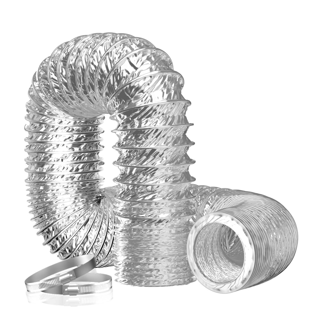 Hon&Guan 100mm / 4″ Flexible Aluminium Foil Ducting – 2m – 2 Clamps – Silver