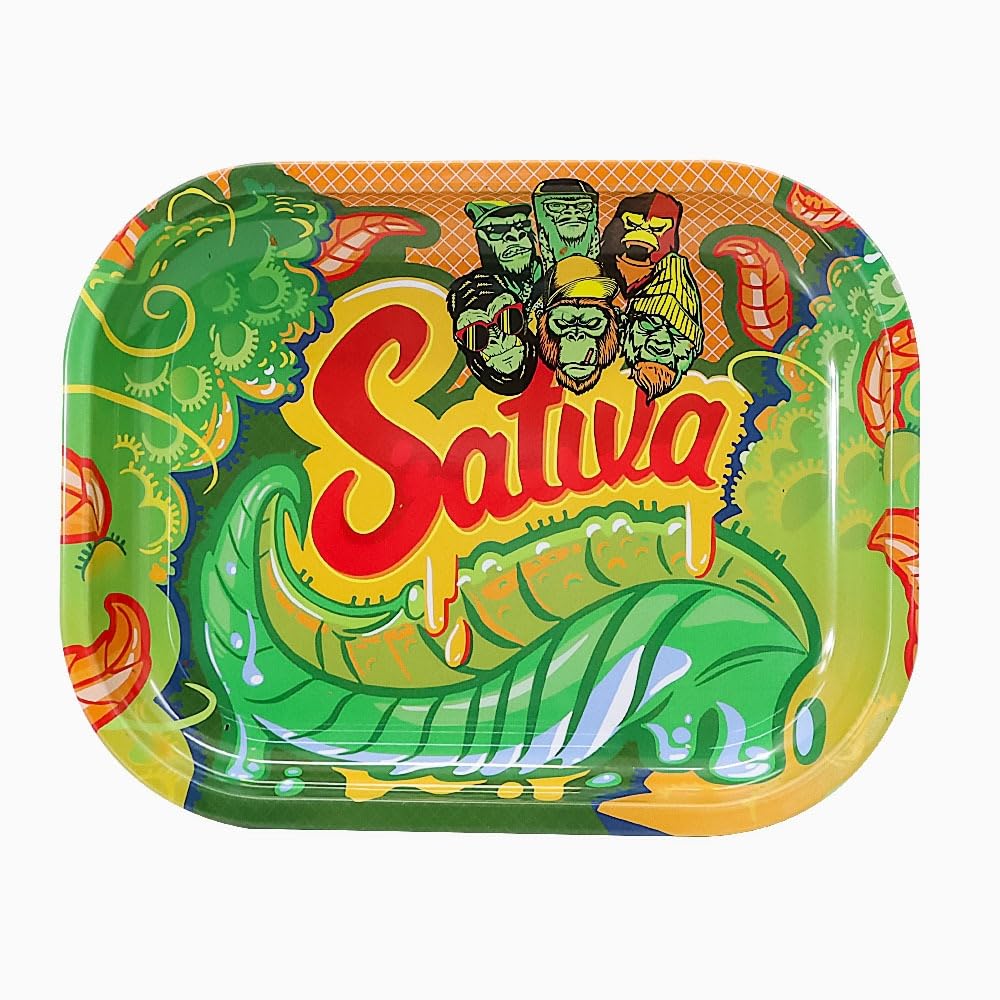 Ganja Sativa Metal Rolling Tray – Hemp Motif – 18 × 12.5cm