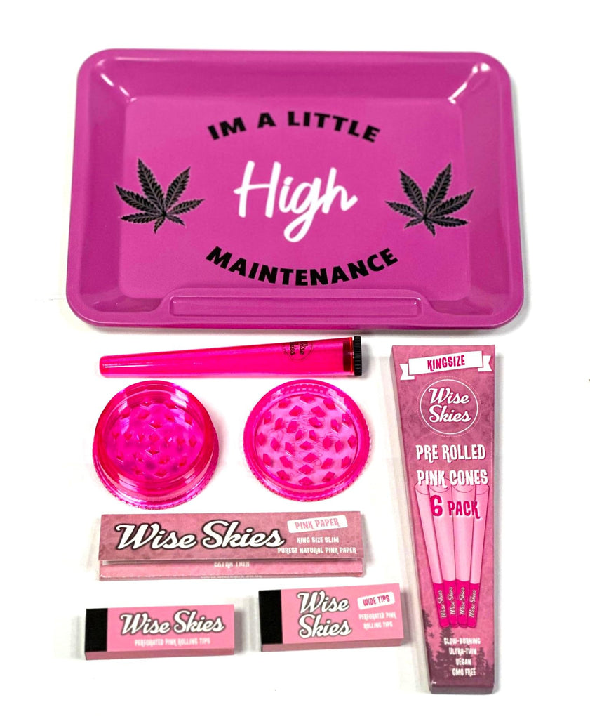 Wise Skies Pink High Maintenance Rolling Tray Set – Crusher, Papers, Tips, Cone Holder & Pre-Rolled V-Holder – 55mm Set