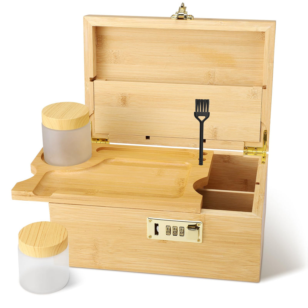 Contraxump Large Bamboo Storage Box with Lock – Rolling Box Gift Set – 2 Airtight Glass Containers & Brush