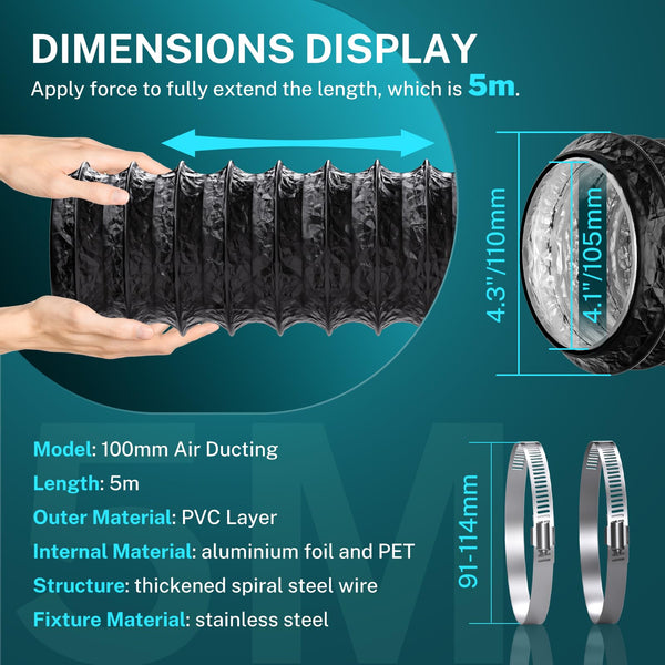 HG Power 100mm Air Ducting – 5m – PVC with 2 Clamps