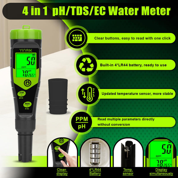 YINMIK 4-in-1 Digital pH, EC & TDS Meter – Hydroponic Water Tester