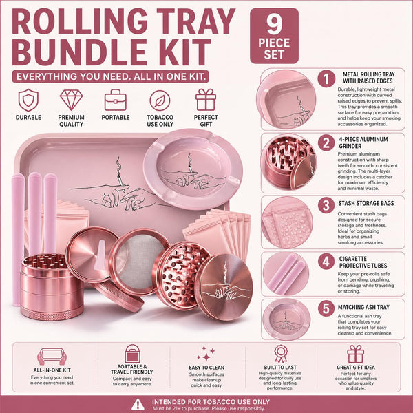 UkGlass Rolling Tray Bundle Kit – Pink Tray, Ashtray, 4-Piece Grinder, Bags & Tubes