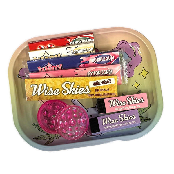 Wise Skies Cute Pink Rolling Tray Set – Paper Holder & Pink Rolling Papers