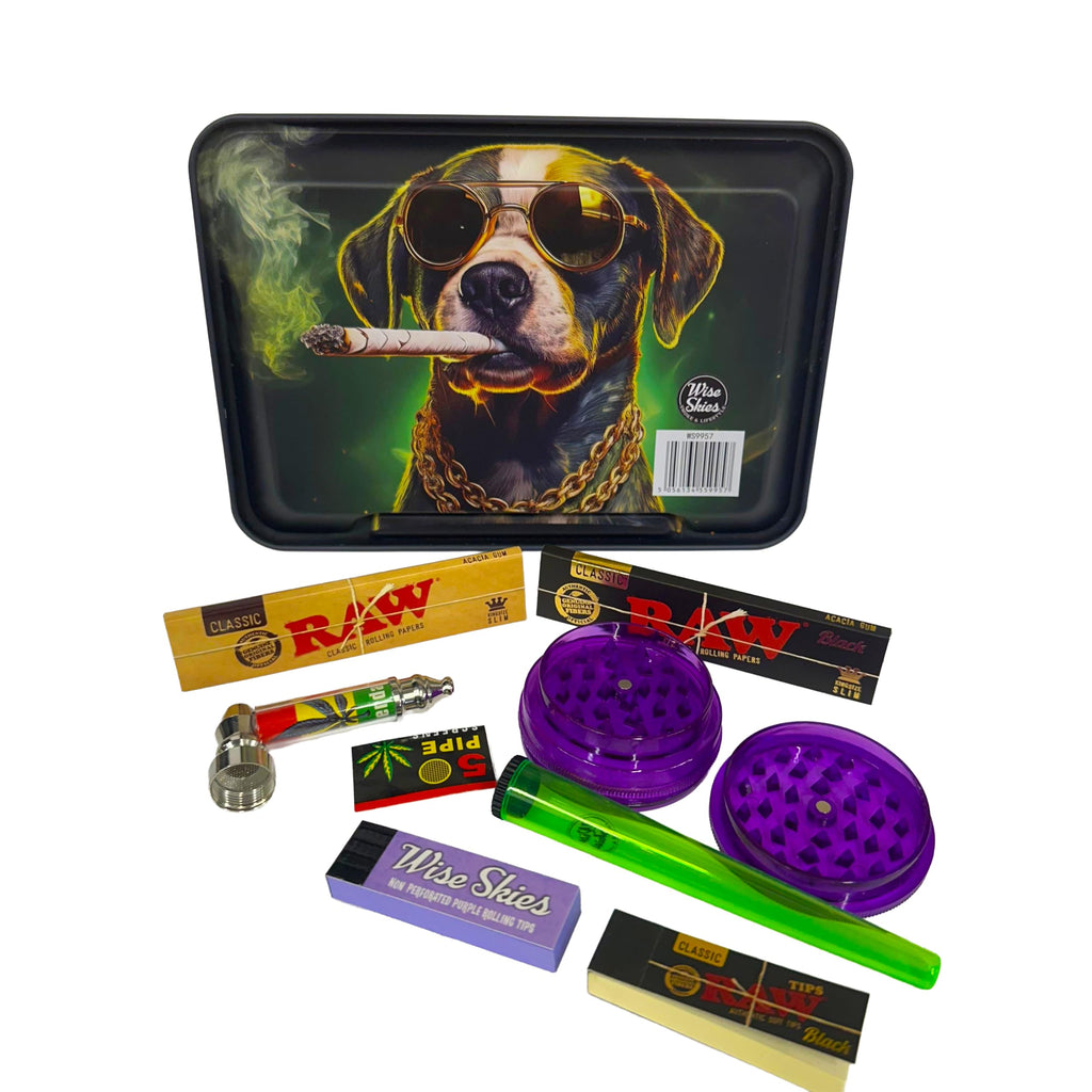 Wise Skies The Dawg Small Rolling Tray Set – King Size Slim RAW Black Papers, Purple Tips & Crusher – 8 Items