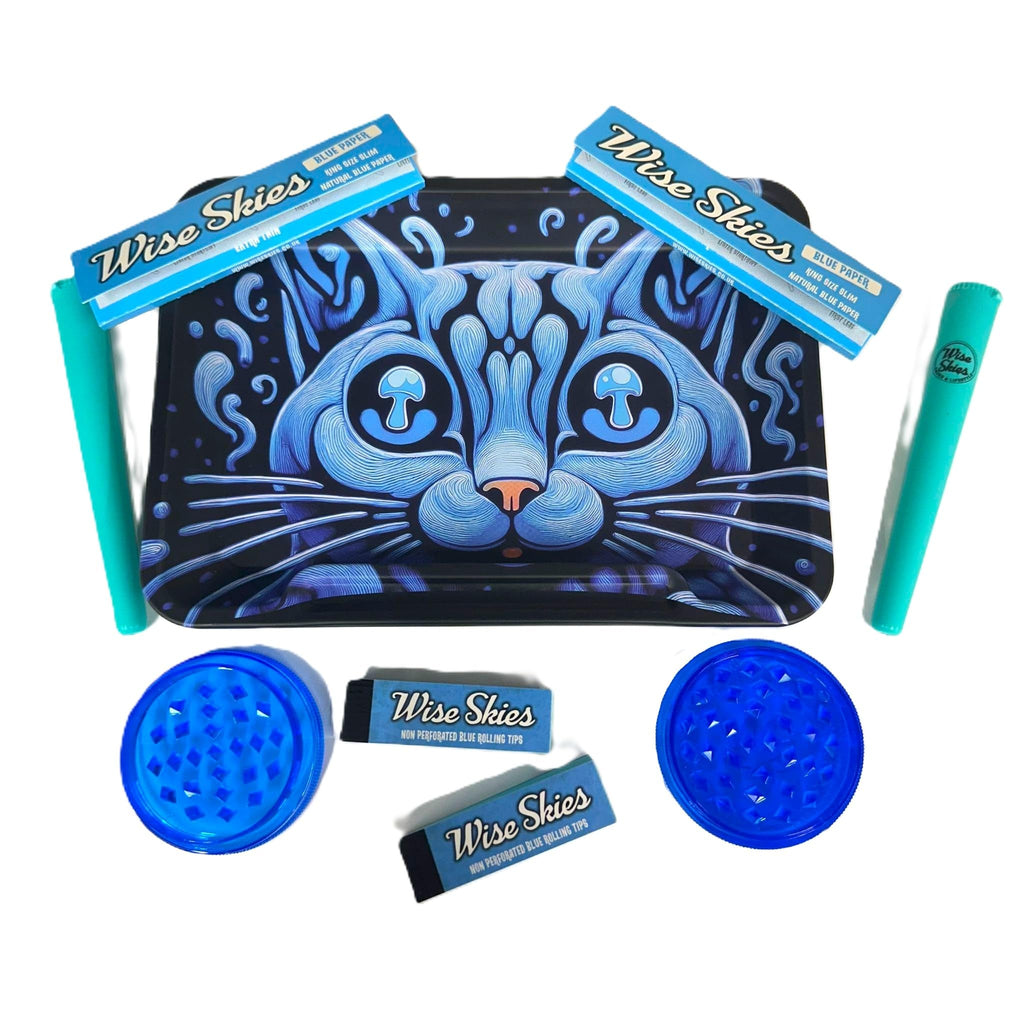 Wise Skies Blue Trippy Kitty Rolling Tray Bundle – Double-Sided Matte Design – Blue King Size Papers, Tips & Cone Holder