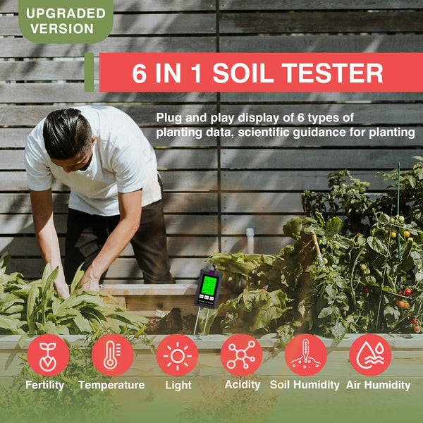 LSENLTY 6-in-1 Digital Soil Moisture Meter – pH, Fertility, Temperature, Sunlight, Humidity – Backlit LCD