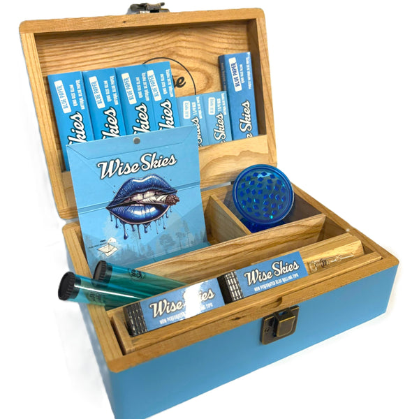 Wise Skies Blue Large Rolling Box Set – King Size Slim Connoisseur 1 1/4 Papers, Tips, Crusher, Holders & Glass Tip – 15 Items