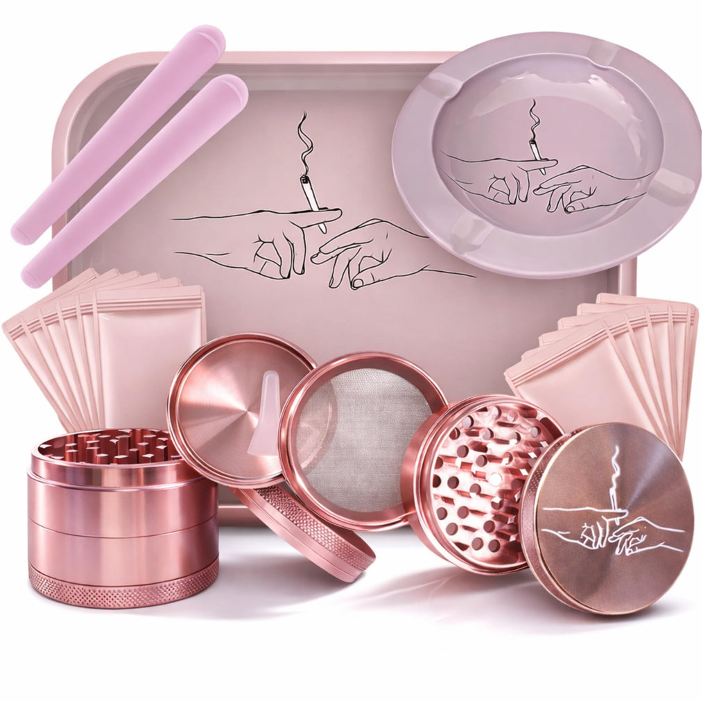 UkGlass Rolling Tray Bundle Kit – Pink Tray, Ashtray, 4-Piece Grinder, Bags & Tubes