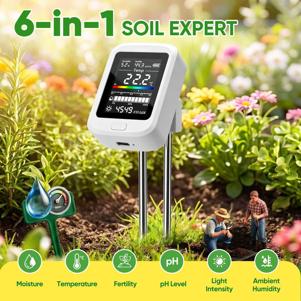 Mcbazel 6-in-1 Digital Soil Meter – pH, Moisture, Fertility, Temperature, Sunlight & Humidity