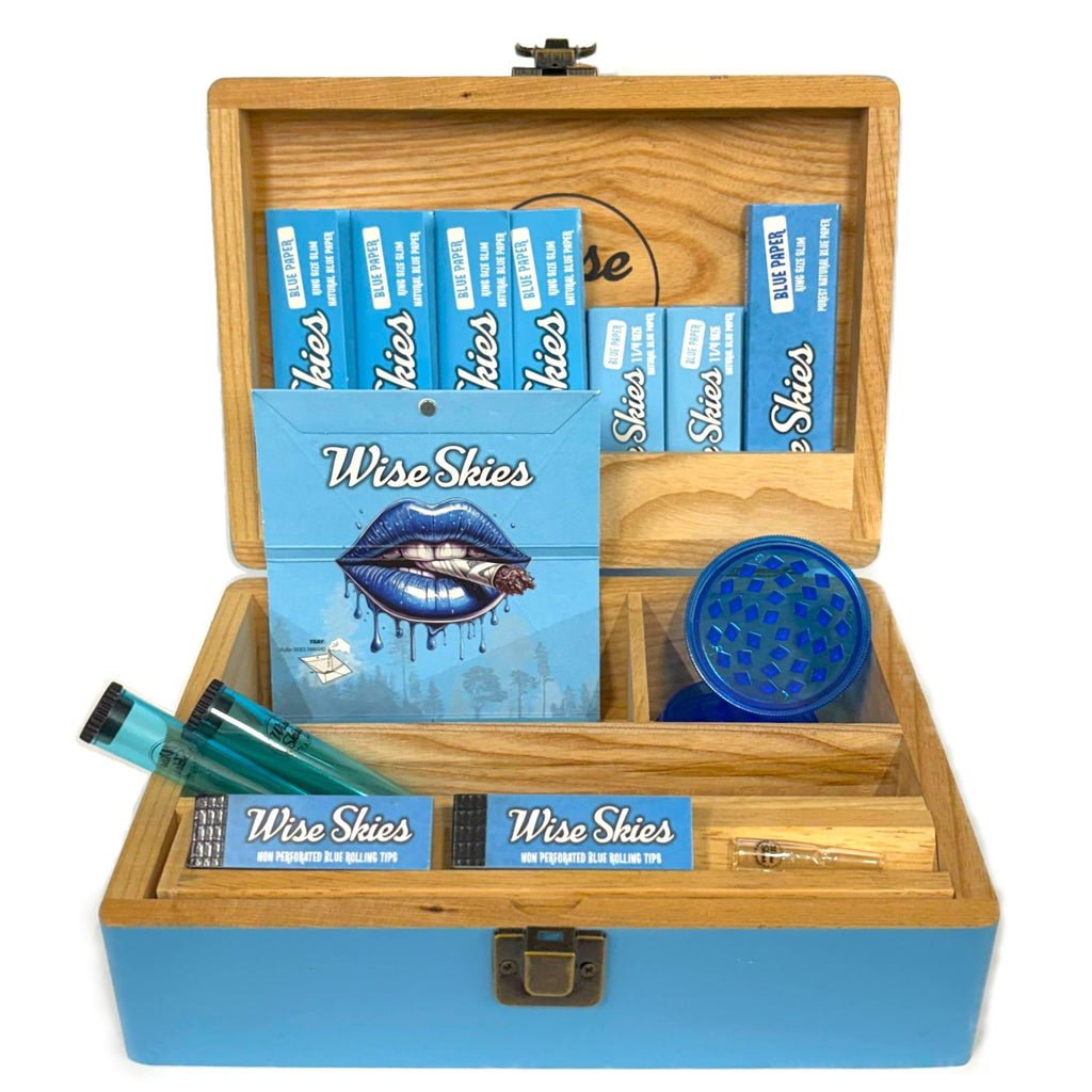Wise Skies Blue Large Rolling Box Set – King Size Slim Connoisseur 1 1/4 Papers, Tips, Crusher, Holders & Glass Tip – 15 Items