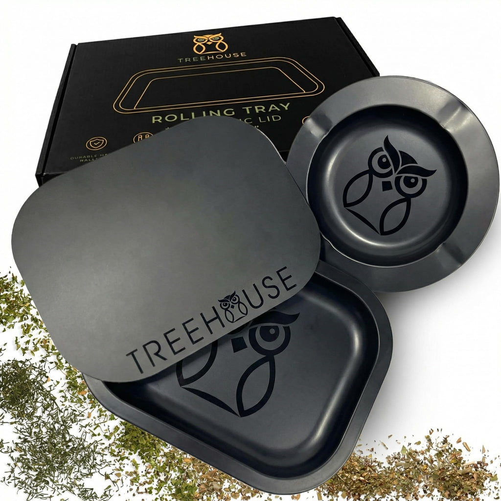 Treehouse Black Rolling Tray Set – PVC Magnetic Lid & Ashtray – 7″ × 5.5″ – Small