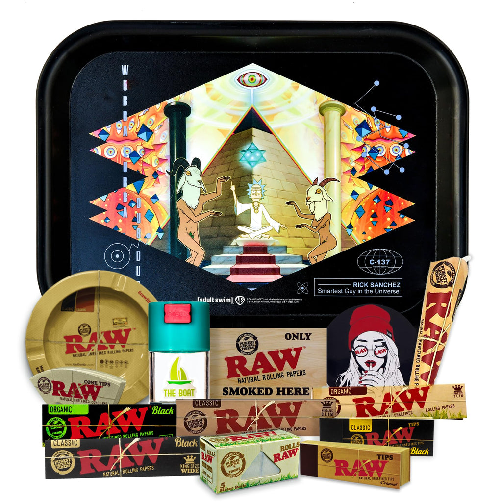 Rick and Morty Rolling Tray Set – 27.5 × 17.5cm – Airtight Tin, RAW Ashtray, RAW Papers, Tips, Cones & Stickers
