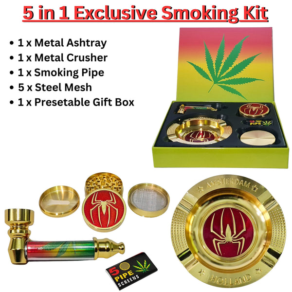Zactly 5-in-1 Smoking Accessories Kit – Ashtray, 4-Tier Crusher, Pipe & Gift Box – Spider Design