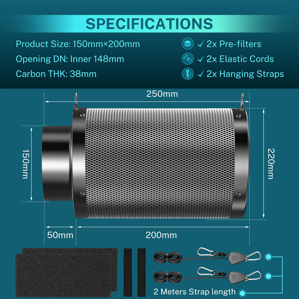 HG Power 6″ Carbon Filter – Ø150mm × 200mm – Australian Virgin Charcoal