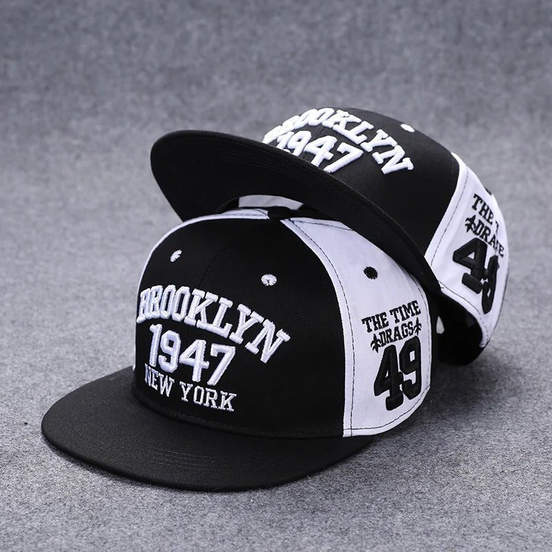 Brooklyn 1947 - Black & White Snapback / Flat Peak Hat / CapJustSmoke.Me