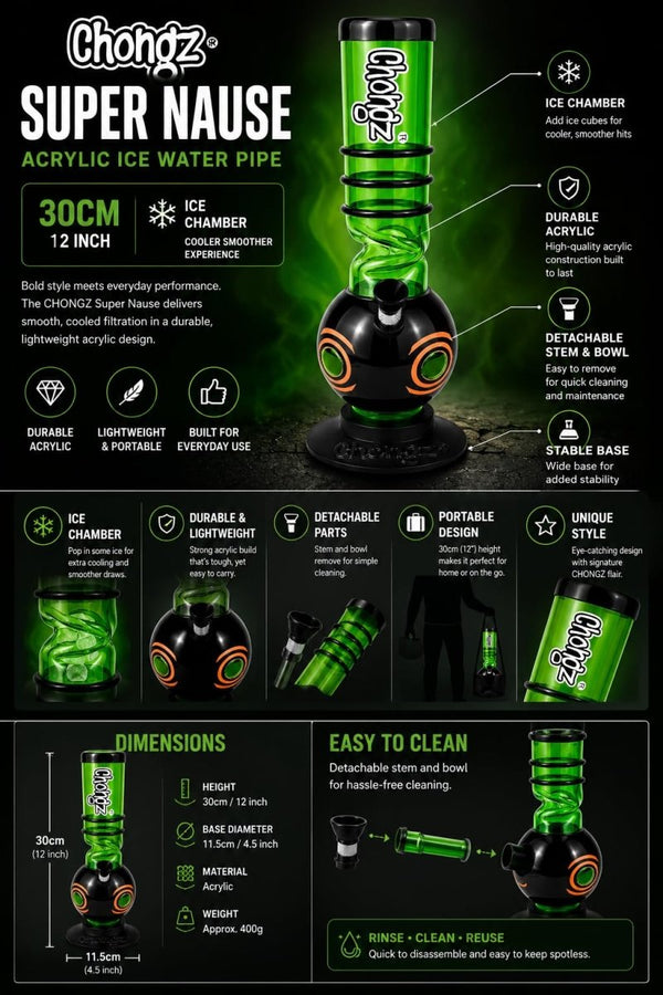 Chongz 30cm Acrylic Ice Bong – Super Nause – Detachable Stem & Bowl – Green (CHO111)JustSmoke.Me