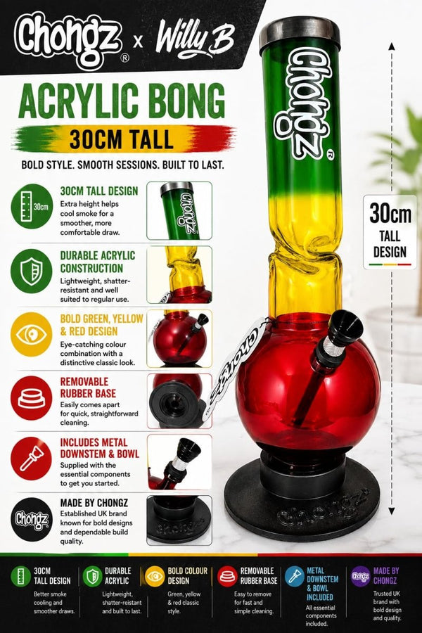 Chongz 30cm "Willy B" Bouncer Ice Acrylic Bong – Green/Yellow/Red (CHO140)JustSmoke.Me