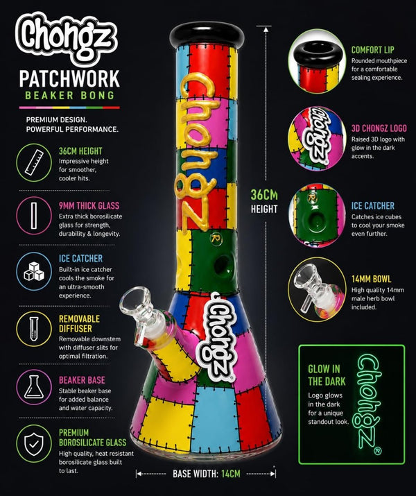 Chongz 36cm Glass Ice Beaker Bong – Patch – 9mm Glass – Glow-in-the-Dark LogoJustSmoke.Me