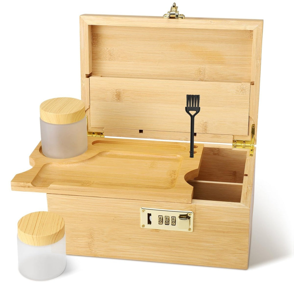 Contraxump Large Bamboo Storage Box with Lock – Rolling Box Gift Set – 2 Airtight Glass Containers & BrushJustSmoke.Me