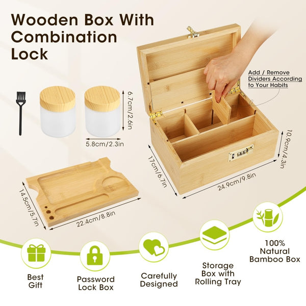 Contraxump Large Bamboo Storage Box with Lock – Rolling Box Gift Set – 2 Airtight Glass Containers & BrushJustSmoke.Me