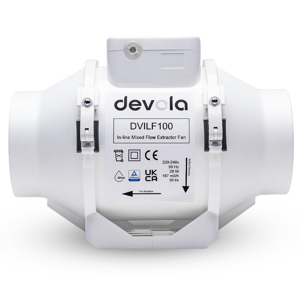 Devola 100mm Inline Mixed Flow Extractor Fan – 187m³/h – IPX4 – Made in BritainJustSmoke.Me