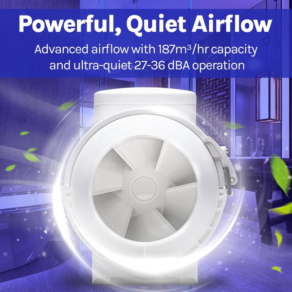 Devola 100mm Inline Mixed Flow Extractor Fan – 187m³/h – IPX4 – Made in BritainJustSmoke.Me