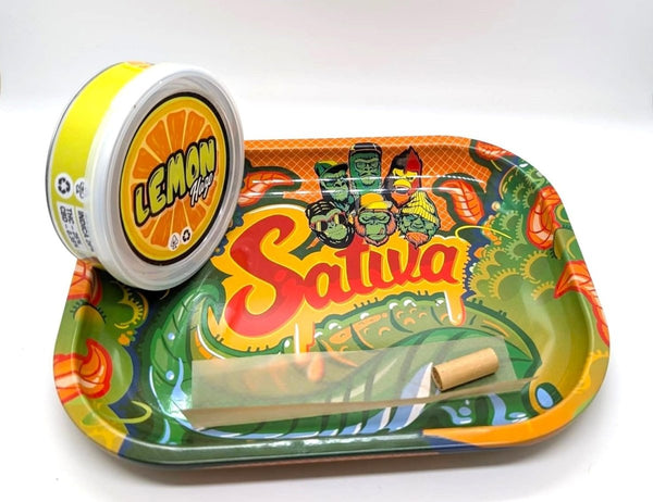 Ganja Sativa Metal Rolling Tray – Hemp Motif – 18 × 12.5cmJustSmoke.Me