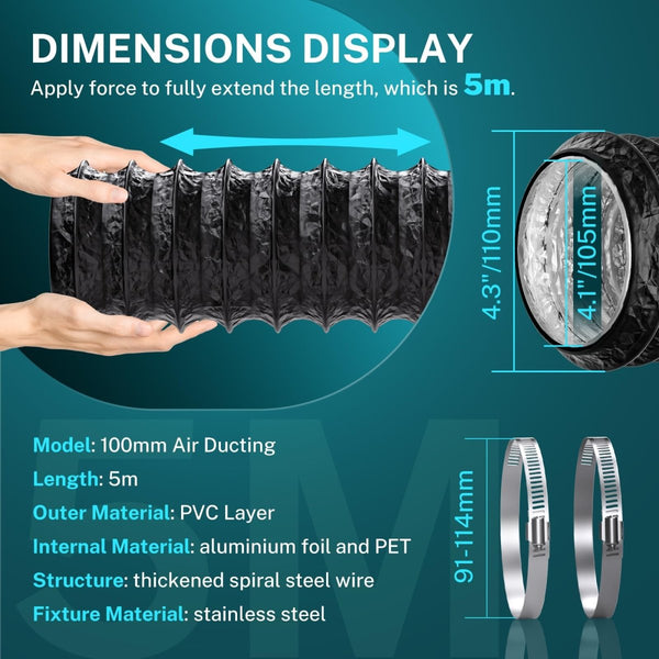 HG Power 100mm Air Ducting – 5m – PVC with 2 ClampsJustSmoke.Me