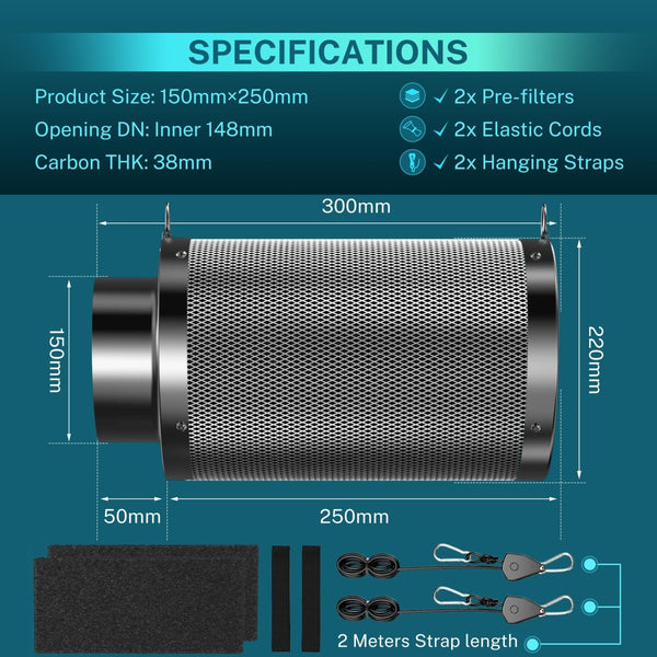 HG Power 6″ Carbon Filter – Ø150mm × 250mm – Australian Virgin CharcoalJustSmoke.Me