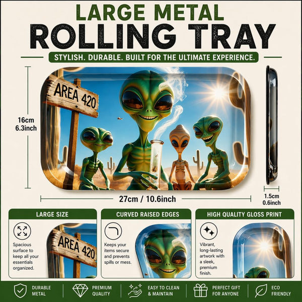 Large Metal Rolling Tray – Funny Alien Artwork – Non-StickJustSmoke.Me