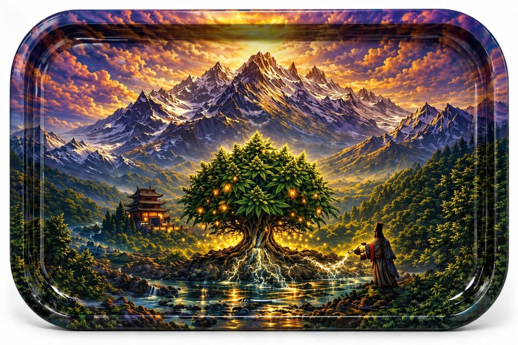 Large Metal Rolling Tray – Zen Spiritual Design – 27 × 18cm – Raised EdgesJustSmoke.Me