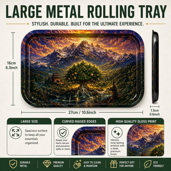 Large Metal Rolling Tray – Zen Spiritual Design – 27 × 18cm – Raised EdgesJustSmoke.Me