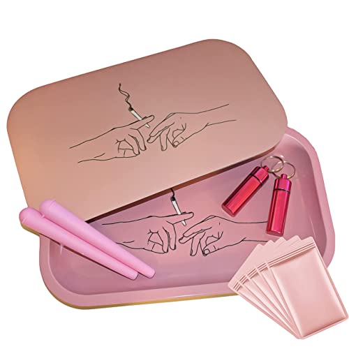 Large Pink Metal Rolling Tray with Magnetic Lid and Smoking Accessories - Keep Your Smoking Kit Safe and Hidden - Smell Proof Rolling Tray (Large Rolling Tray with Lid & Accessories)JustSmoke.Me