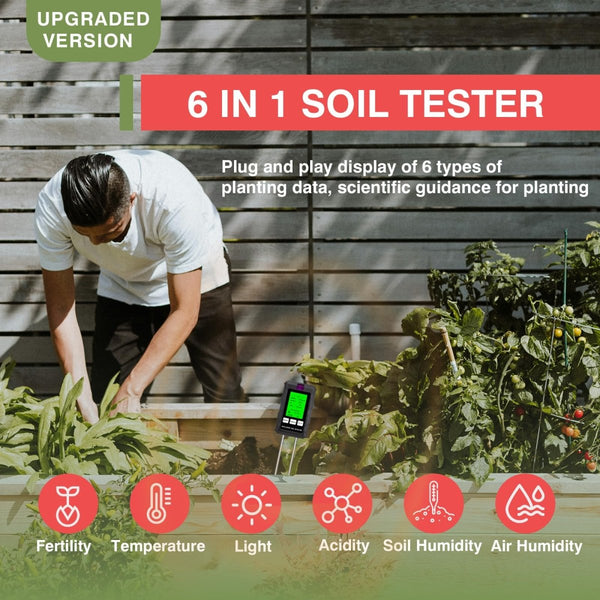 LSENLTY 6-in-1 Digital Soil Moisture Meter – pH, Fertility, Temperature, Sunlight, Humidity – Backlit LCDJustSmoke.Me