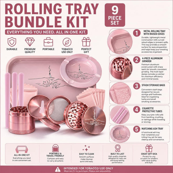 UkGlass Rolling Tray Bundle Kit – Pink Tray, Ashtray, 4-Piece Grinder, Bags & TubesJustSmoke.Me