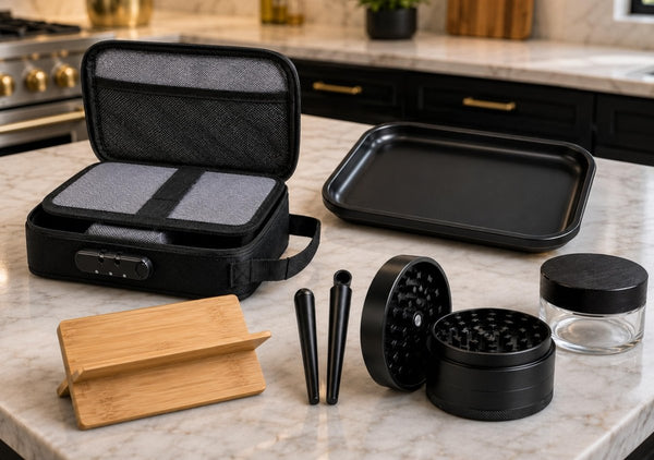 UkGlass Rolling Tray Set – Smell-Proof Bag with Combination Lock – Large Metal Tray, 4-Piece Grinder, Jar & TubesJustSmoke.Me