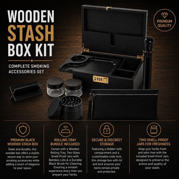 UkGlass Wooden Stash Box Kit – Combination Lock – Grinder, Smell-Proof Bag, Rolling Tray, Tube & 2 Glass JarsJustSmoke.Me
