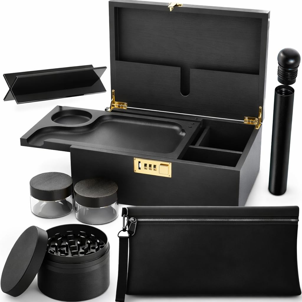 UkGlass Wooden Stash Box Kit – Combination Lock – Grinder, Smell-Proof Bag, Rolling Tray, Tube & 2 Glass JarsJustSmoke.Me