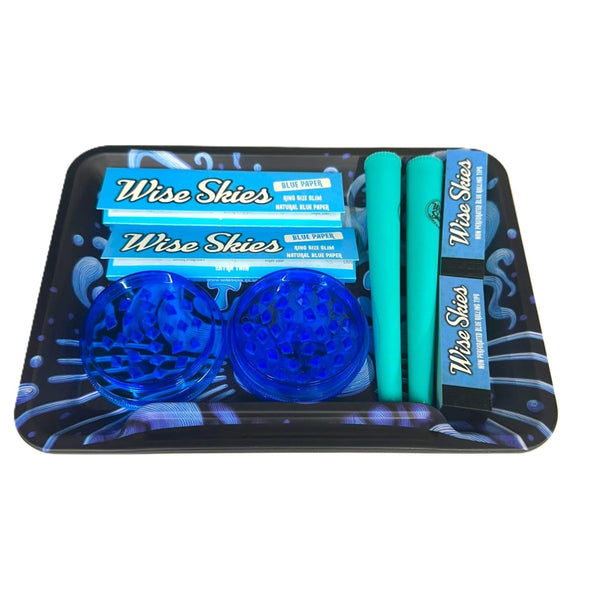 Wise Skies Blue Trippy Kitty Rolling Tray Bundle – Double-Sided Matte Design – Blue King Size Papers, Tips & Cone HolderJustSmoke.Me