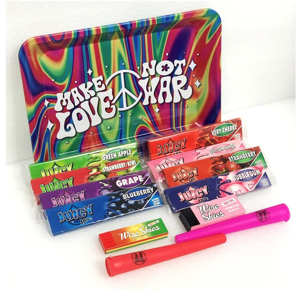 Wise Skies Make Love Not War Rainbow Rolling Tray Set – Coloured Juicy Papers & Rolling Tips Gift BundleJustSmoke.Me
