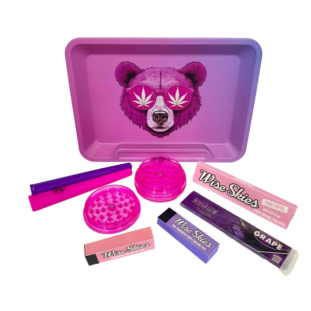 Wise Skies No Care Bear Small Rolling Tray Set – Pink King Size Slim Papers, Juicy Jay Purple Tips, Crusher & Cone Holders – 8 ItemsJustSmoke.Me