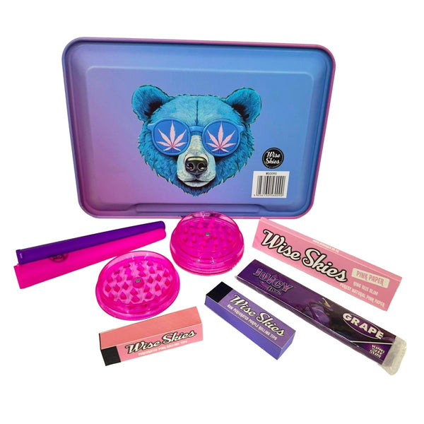 Wise Skies No Care Bear Small Rolling Tray Set – Pink King Size Slim Papers, Juicy Jay Purple Tips, Crusher & Cone Holders – 8 ItemsJustSmoke.Me