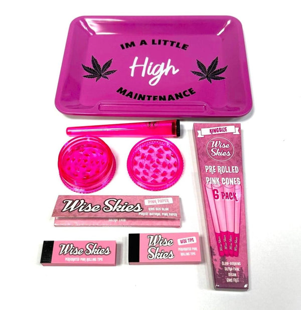 Wise Skies Pink High Maintenance Rolling Tray Set – Crusher, Papers, Tips, Cone Holder & Pre-Rolled V-Holder – 55mm SetJustSmoke.Me