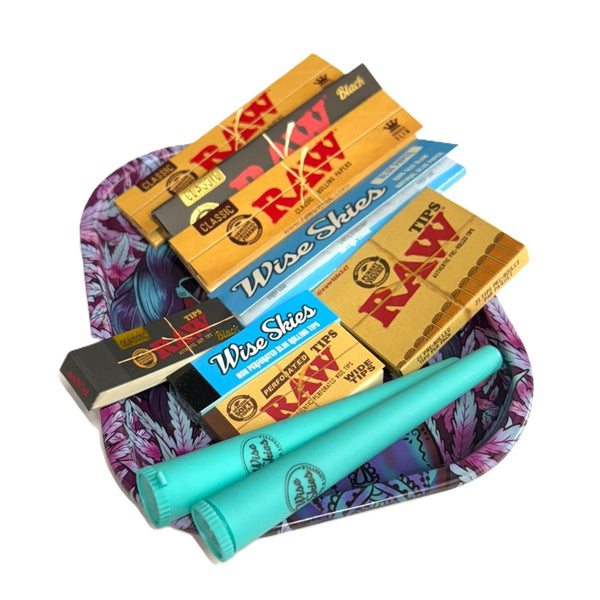 Wise Skies Silence Rolling Tray Set – Blue King Size Slim Papers, Perforated Tips & RAW Classic Pre-Rolled Wide and Black TipsJustSmoke.Me